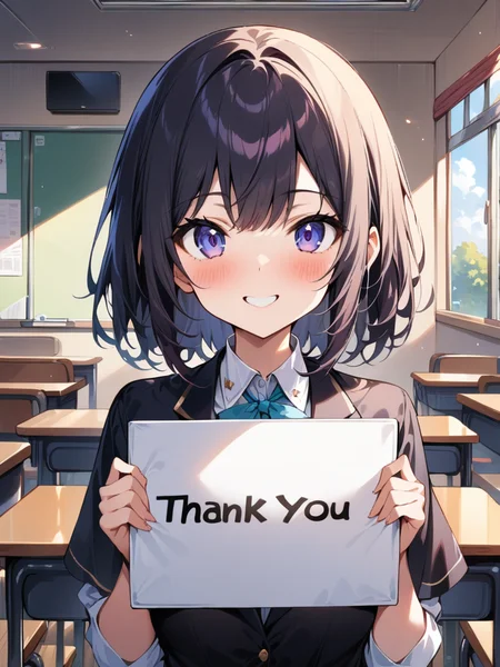masterpiece,(best quality),highly detailed,ultra-detailed,
1girl,classroom,
smile,upper body,<lora:holding blank sign_A_XL_01:1>,holding blank sign,Hold up a sign saying thank you.,