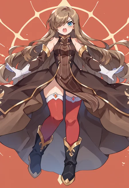 score_9, score_7_up, source_anime, solo, BREAK  <lora:teargrants-pdxl-nvwls-v1:0.9> tgrants, brown hair, hair over one eye, brown dress, bare shoulders, detached sleeves, white gloves, red thighhighs, black boots,  <lora:Momoiiroo_Art_Style_PonyXL:1> momoiiroo,