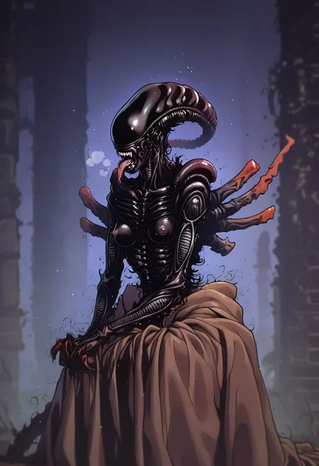 score_9, score_8_up, score_8_up, source_furry,source_hentai, rating_explicit,, , feral,1xenomorph, ultra detailed, (score_9, score_8_up:1.1), score_7_up, ,,source_anime, rating_explicit, , (feral,animal, female), xenomorph futanari, scaly , scales, crimson glowing scales, ancient god xenomorph beast, alluring, medium breasts, nipples, curved back horns, black horns with red glowing pattern,, black skin, (long neck:0.5), naughty , slutty,sexy, Expressiveh, detailed skin, gigantic, hills, peaks, outdoor, wings,, portrait, steaming, wet, Tbtniki style, dark atmosphere, fire particles, night, BREAK, standing, heavy breathing, dramatic lighting,film grain, motion lines, movement, VHS filter,nsfw,((portrait, breasts focus, (front view:0.8), 1990s \(style\), anime movie, blurry background, mythical dragon, beautiful and intimidating face, open mouth, showing tongue