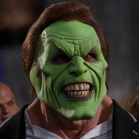 detailed high quality photo of a laughing man with a (((green head))), ugly teeth and brown hair, the_mask, <lora:BigHeadMask_V1_Dorian_SDXL:1>