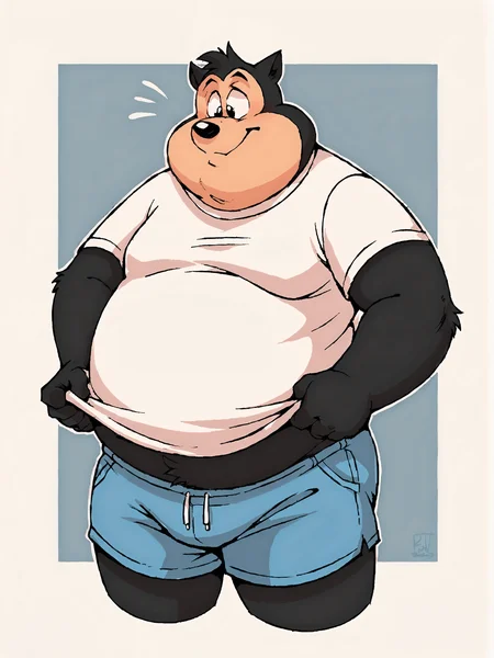 score_9, score_8up, score_7up, score_6up, score_5up, score_4up, BREAK
abstract background, BREAK
male, black body, furry, anthro, pjp3t3, fat, overweight, big moobs, BREAK
shirt, shorts, source_furry, rating_safe, BREAK
<lora:PJ_Pete_-_Goof_Troop_-_PDXL:1>