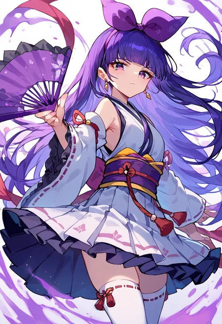 score_9,score_8_up,score_7_up,source_anime,zPDXL3,
*//*,<lora:KannaSakuno_Pony:1>,ayanokouji_kanna,1girl,solo,purple hair,long hair,blunt bangs,hairband,bow,purple eyes,thighhighs,japanese clothes,skirt,obi,ribbon trim,detached sleeves,ribbon-trimmed legwear,earrings,kimono,sash,white kimono,wide sleeves,magic circle,pleated skirt,ribbon-trimmed sleeves,hand fan,holding fan,
*//*,looking at viewer,cowboy shot,dutch angle,dynamic pose,