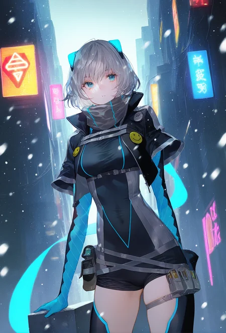 artist:gomzi,artist:wanke,artist:diyokama, rei_(sanbonzakura),[[artist:fuzichoco]],year 2023,
1girl, solo, icey, blue eyes, grey hair, short hair, fake animal ears,
neon trim, grey scarf, cropped jacket, black jacket, black bodysuit, blue gloves, multiple belts, button badge, smiley face, short shorts, taut clothes,
thigh boots, thigh strap, 
cyberpunk, city, neon signs, snowing,
 <lora:icey.naixl1:1>