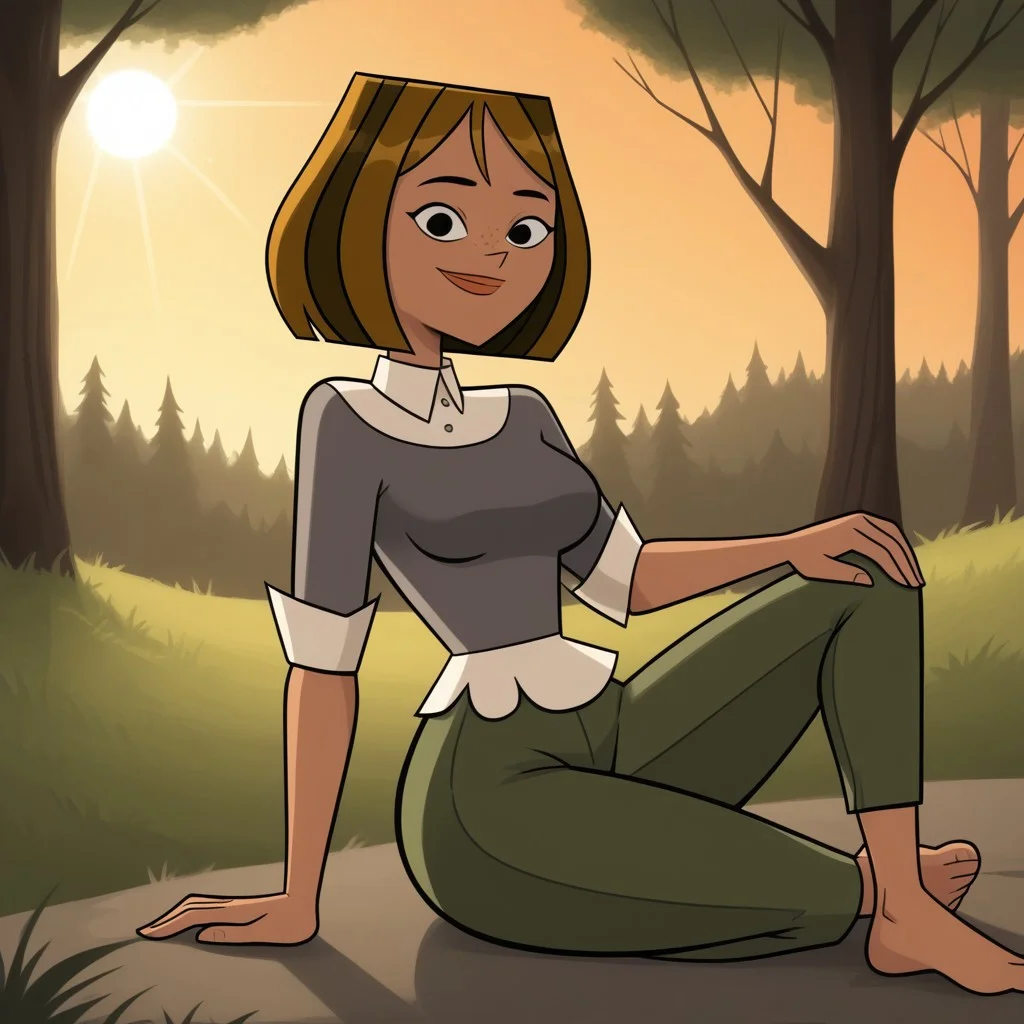 score_9, score_8, BREAK, solo, brown hair, black eyes, lips, collared shirt, grey sweater, short sleeves, green pants, dark skin, barefoot, freckles, breasts, Total Drama, Courtney_(Total_Drama), sexy pose, smile, outdoors, sunlight, shadows, evening lighting, natural lighting, forest, trees, grass, orange sky, sunset