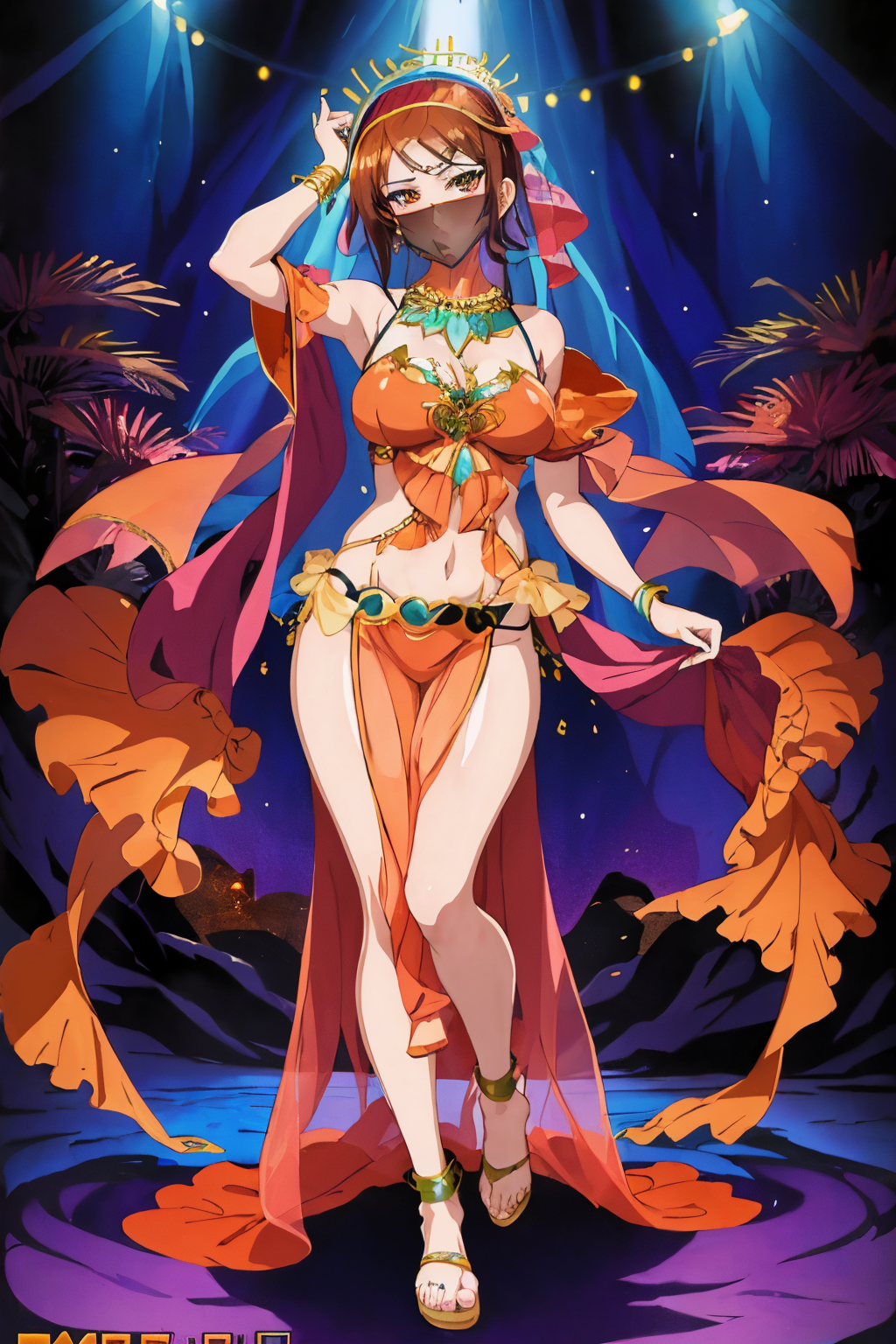 anime artwork 19 year old, harem, (Neon Orange harem-clothes 1girl:1.1), pelvic curtain, jewelry, Sorrel Brown hair,dancer, <lora:harem-nights:1> veil, mouth veil, face veil . anime style, key visual, vibrant, studio anime, highly detailed