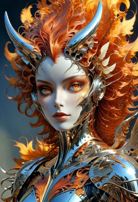 (masterpiece, best quality, stunning, highly detailed, close-up view of an angel-demon hybrid creature, (divine skin, detailed red eyes, detailed flame-like hair, chrome armor), dramatic lighting, HDR, (mythical, fantasy), oil painting), legendary creature, trending on artstation, qu4ntum, cyberpunk