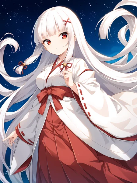 <lora:ESCUDE_-_Haison_Shoujo:1>,escude,kagome,long hair,medium breasts,white hair,very long hair,ribbon,red eyes,breasts,japanese clothes,miko,skirt,red skirt,long skirt,kimono,red hakama,x hair ornament,wide sleeves,blunt bangs,tassel,white kimono,barefoot,floating hair,aura,starry sky,star \(sky\),starry background,night,outdoors,jingle bell,, score_9, score_8_up, score_7_up,source_anime,(masterpiece),(best quality),(ultra-detailed),(best illustration),(best shadow),(absurdres),(detailed background),(very aesthetic),source_anime