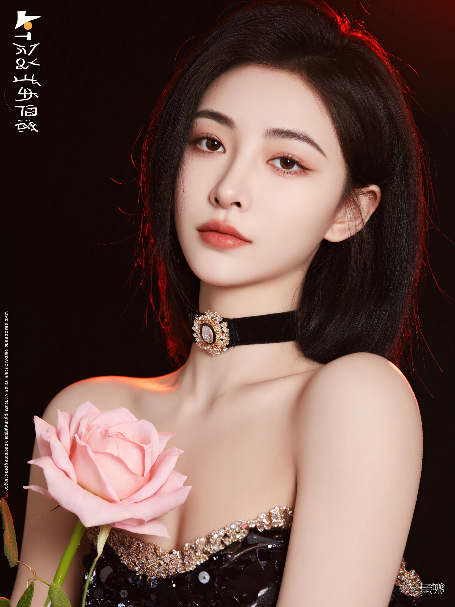 This is a high-resolution photograph featuring a young Asian woman with fair skin and a slender physique, positioned centrally in the frame. She has long, dark hair styled in loose waves, and her makeup is subtle yet elegant, with a focus on her natural beauty. She wears a black, sequined choker around her neck, which contrasts with her otherwise bare shoulders. A single, delicate pink rose is placed on her chest, adding a touch of softness and romance to the image.

The lighting is soft and diffused, creating a gentle glow that highlights her facial features and the texture of her hair. The background is a blend of dark red and black hues, with a subtle gradient effect that adds depth to the image. The overall composition adheres to the rule of thirds, with the woman's face and the rose placed along the intersecting lines, drawing the viewer's attention to these focal points.

The photograph has a professional and polished look, with a slight vignette effect that enhances the intimate and close-up feel of the shot. The image is part of a magazine cover, indicated by the logo and text in the corners, which suggests it is a high-end fashion or lifestyle publication.