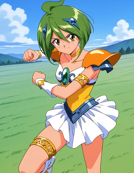 general,highres, ultra-detailed,very aesthetic,best quality ,best hands, BREAK <lora:Tamano_Hinagiku_IS:1> Tamano_Hinagiku, 1girl,solo, green hair, short hair, brown eyes, hair between eyes, 1990s (style),anime coloring,
solo, green eyes, smile, skirt, choker, looking at viewer, armor, armlet, jewelry, magical girl, thighlet, ahoge, outdoors, white skirt, shoulder armor, pauldrons, day, hair ornament, collarbone, shoulder pads, open parts,
serious face, fighting, punch,
grass, sky,