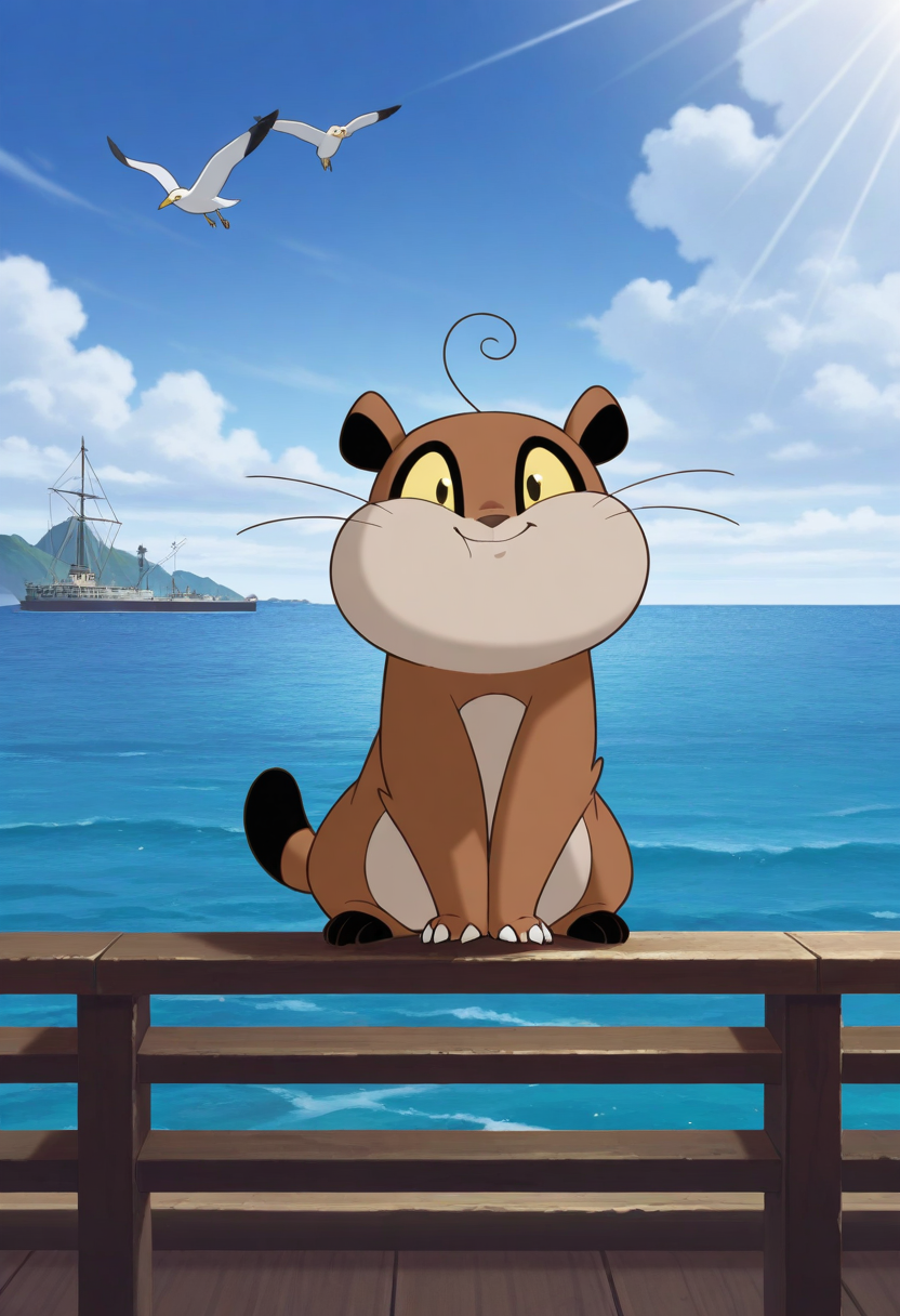 no humans, animal focus, 1other, day, sunlight, full body, light smile, looking at viewer, sitting on railing, facing viewer, casual, hands on railing,
BREAK
xiaozhuxiong, creature, brown body, tan belly, black ears, black feet, short tail, black-tipped tail, puffy cheeks, yellow eyes, claws, whiskers, ahoge,
BREAK
blue sky, horizon, ocean, outdoors, cloudy sky, island, on ship, seagull,
BREAK
best quality, masterpiece, very aesthetic, absurdres, highest detailed, very awa, <lora:Xiaozhuxiong_from_The_Legend_Of_Nezha_v1.5_1614383:1> anime screenshot