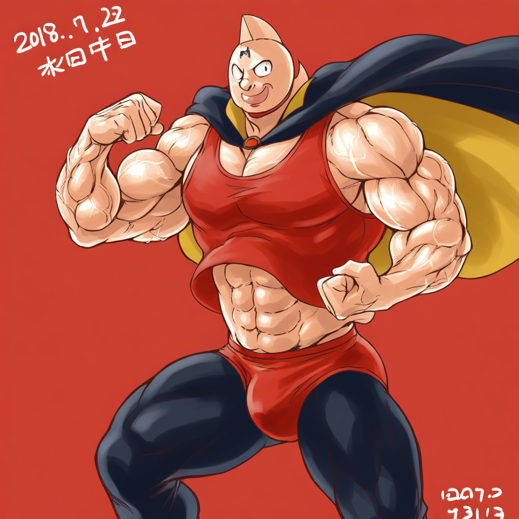 kinnikuman suguru, solo, simple background, tank top, pants, manly, smile, red background, cape, male underwear, dated, stomach, veiny arms, bulge