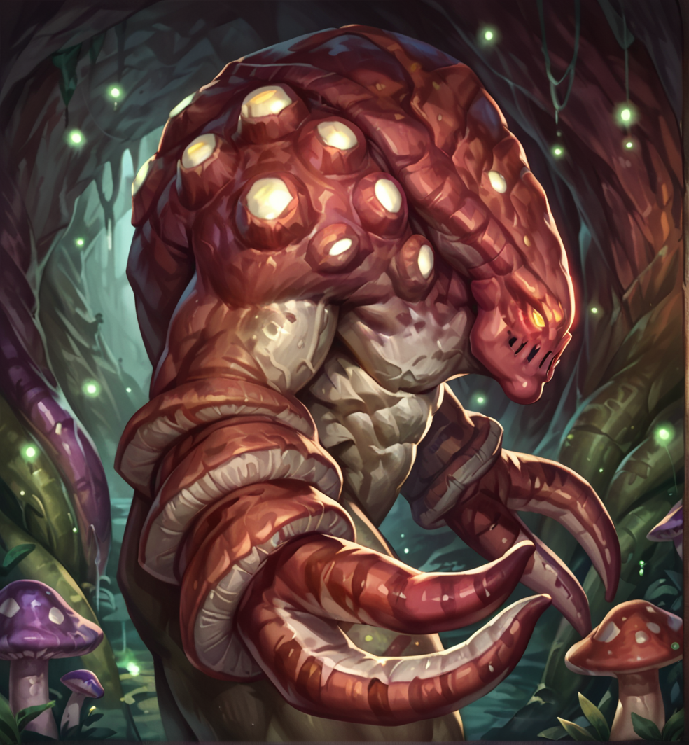 score_9_up,score_8_up,score_7_up,score_6_up,score_5_up,score_4_up, detailed, (best quality:1.2), hi res, digital media \(artwork\), source_furry, source_monster, BREAK,
solo, fungal cave, mushrooms, standing,  red skin, side view, three quarter view,
fungalGiant, monster, creature, glowing eyes, four eyes, yellow eyes, (tentacle hands), hunchback, muscular, wide chest, large shoulders, thick thighs, pectorals, thick legs, thick arms, mushroom cap arms, textured skin, glowing shoulders , ((three tentacle fingers)), (thick legs),
<lora:Fungal_Giant_for_PonyXL:0.8>, <lora:AdvancedEnhancerXLv2:2>