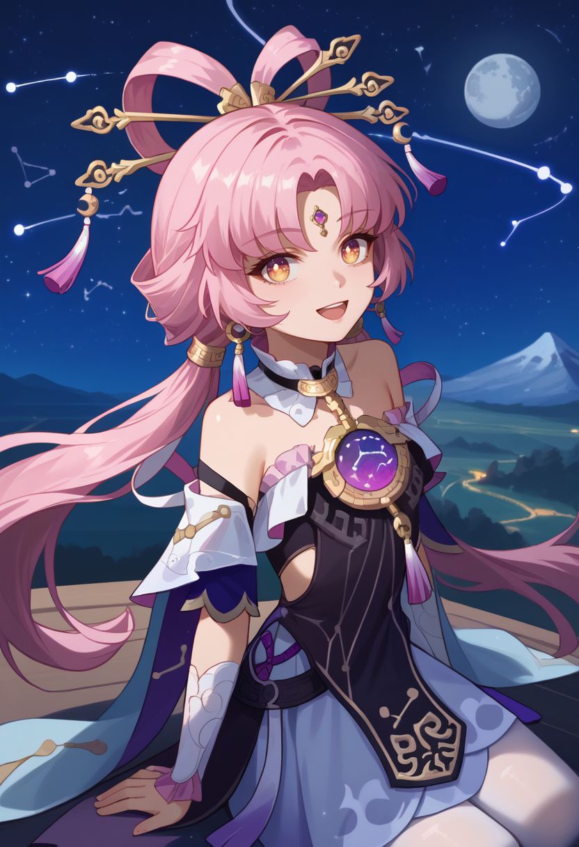 score_9, score_8_up, score_7_up, source_anime, 1girl, fuxuandef, yellow eyes, pink hair, long hair, low twintails, bow-shaped hair, parted bangs, forehead jewel, hair stick, hair ornament, earrings, jewelry, bare shoulders, detached sleeves, dress, tassel, bridal gauntlets, white pantyhose, constellation print, kneeling, wariza, open mouth, smile, looking up, outdoors, sky, star (sky), moon, night, close-up, facing viewer, upper body, from above, mountain in the background, <lora:Fu_Xuan_v1-000010:1>