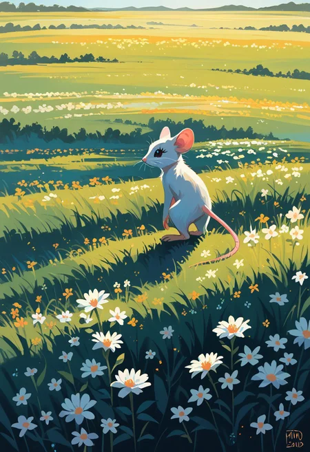 score_9, score_8_up, score_7_up, score_6_up, watercolors, a little mouse asleep in a flower, amids a field of flower, pastels, moonlit night