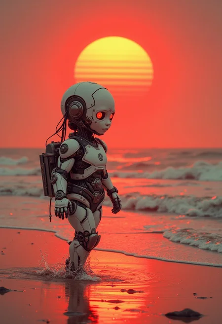 cute little cyborg girl playing on the beach under the red gigant sun