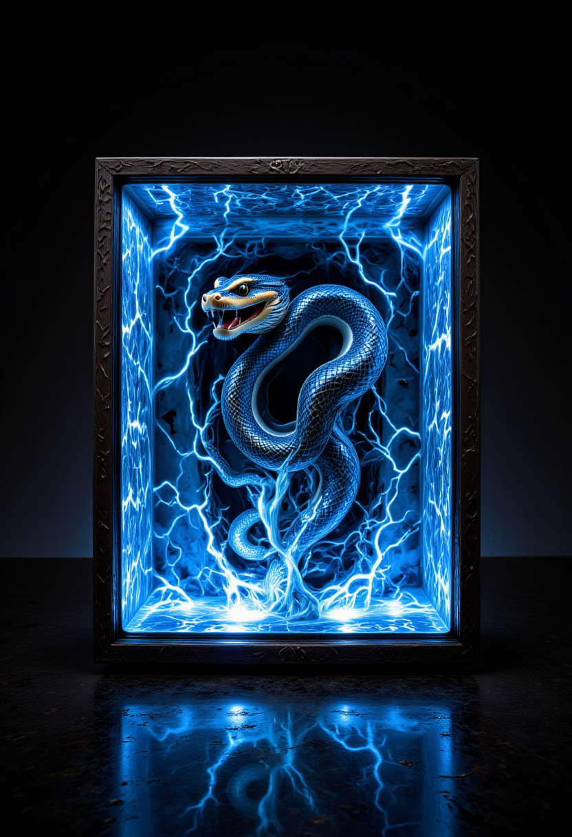 biomechanical style A hyper-realistic and intense scene of a snake appearing to emerge from a glowing digital screen, creating a 3D effect as if it is breaking into the viewer's space. The snake's head and part of its body are reaching out of the screen, its fangs exposed in an aggressive posture. The screen appears cracked and distorted at the edges where the snake is breaking through, with glowing fragments and electrical sparks adding to the dramatic effect. The background is dark, amplifying the sense of depth and realism.. cer1micsn1ke  <lora:FLUX_cer1micsn1ke_LoRA:1> <lora:aidmaFLUXpro1.1:0.32> aidmaabdhr <lora:aidmaAbadonedHorror:0.66> <lora:Mushroom_Portrait_Flux_v1:0.50> <lora:FLUX_b1ue:0.40> . blend of organic and mechanical elements, futuristic, cybernetic, detailed, intricate