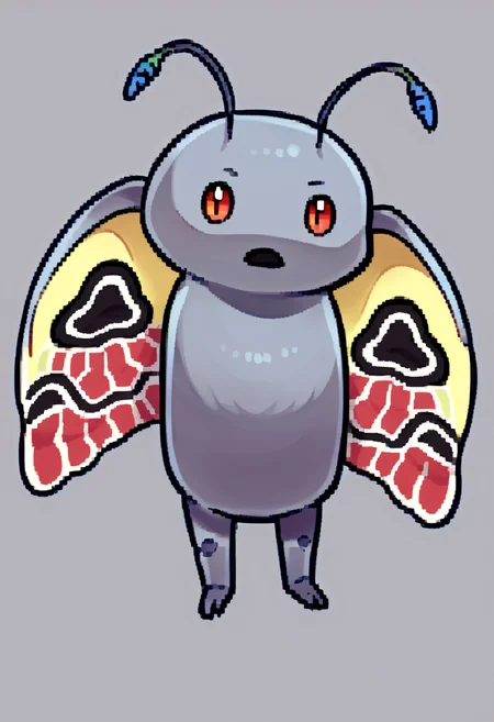 score_9, score_8_up, score_7_up, source_anime, BREAK, solo, <lora:Feh-Sprites-pdxl_Fp:1>, simple background, chibi, full body, pokemon \(creature\), <lora:Mothman-pdxl_Fp:1>, mothman, red eyes, open mouth, antennae, wings, grey skin,