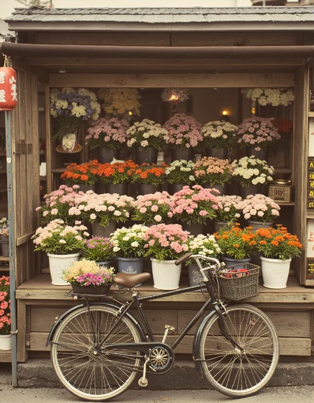 OldJapan style photo of a bicycle leaning against a flower shop