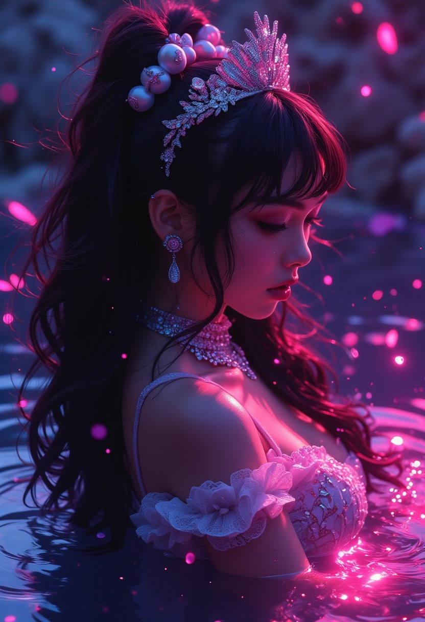 highest quality, 8k, UHD, extreme resolution, 1girl, hair bobbles, silver tiara, diamonds, long hair, floating hair, (masterpiece:1.1), (highest quality:1.1), (HDR:1.0), scenic, water, dark environments, magenta theme, water, reflection, prism