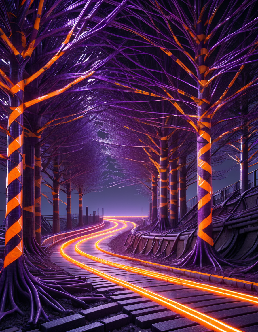 tree, orange ral-barriertape glowing outlines, purple coloring, dynamic pose, grid, motion blur, cyberpunk, 1980s, retro, (masterpiece:1.2), best quality, (hyperdetailed, highest detailed:1.2), high resolution textures, ral-barriertape <lora:ral-barriertape:1> ral-barriertape landscape