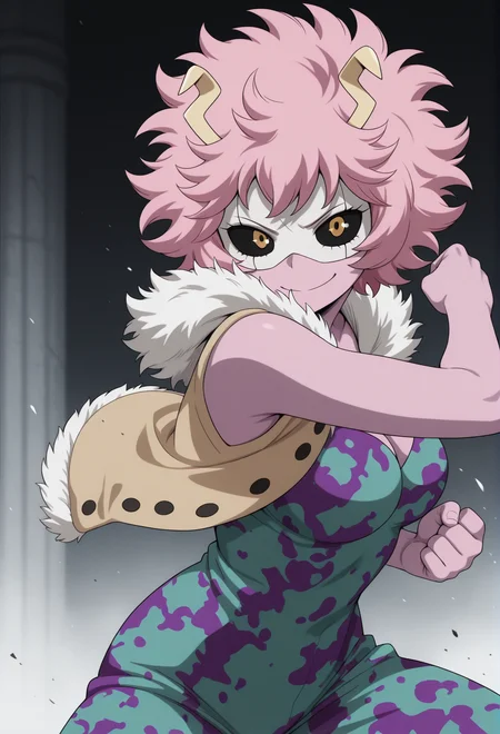 masterpiece, best quality, amazing quality, 1girl, solo, <lora:IlluMina:1> ashido mina, short hair, pink hair, horns, pink skin, yellow eyes, black sclera, fur trim, mask, unitard, sleeveless, open vest, smirk, fighting stance, cowboy shot,