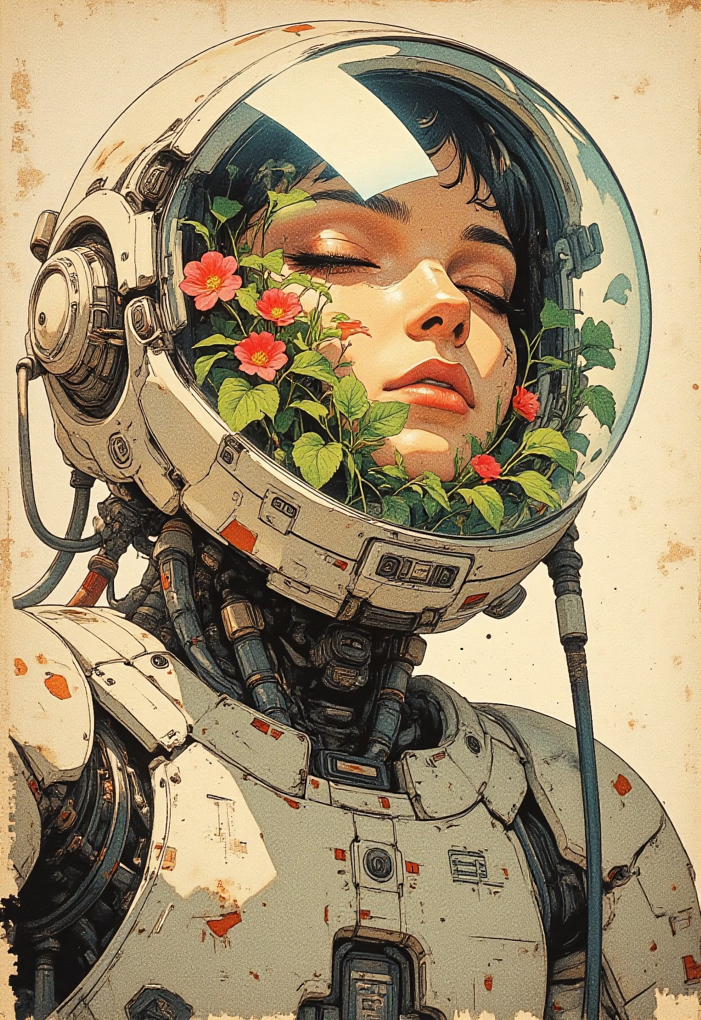 A highly detailed anime-style illustration of a young astronaut with a transparent space helmet, filled with lush green plants and glowing flowers. Her face is calm, eyes gently closed, as if in deep thought or sleep. The helmet acts as a self-sustaining biosphere, with vines growing inside. The suit is a fusion of futuristic cyberpunk aesthetics and organic elements, featuring metallic tubes and intricate bio-mechanical details. The lighting is soft and warm, casting a golden glow on the plants and the astronaut’s delicate face. The background is minimalistic, textured, and slightly aged, emphasizing a dreamlike, melancholic atmosphere. Style: semi-realistic, anime, soft shading, high detail, sci-fi botanical theme
 