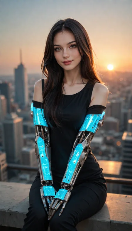 score_9, score_8_up, score_7_up, Full Body Shot, android girl, glossy black, cute, seductive, innocent, light smile, plump lips, slender body, mechanical arms, dark mood, dystopia, glowing, looking at viewer, sitting, long hair, bokeh hyperdetailed:1.15, detailed, moonlight passing through hair, sunrise, distopian futuristic city background, depth of field, dynamic angle, (photo realistic:1.4), realistic skin:1.4, fashion photography, sharp, analog film grain