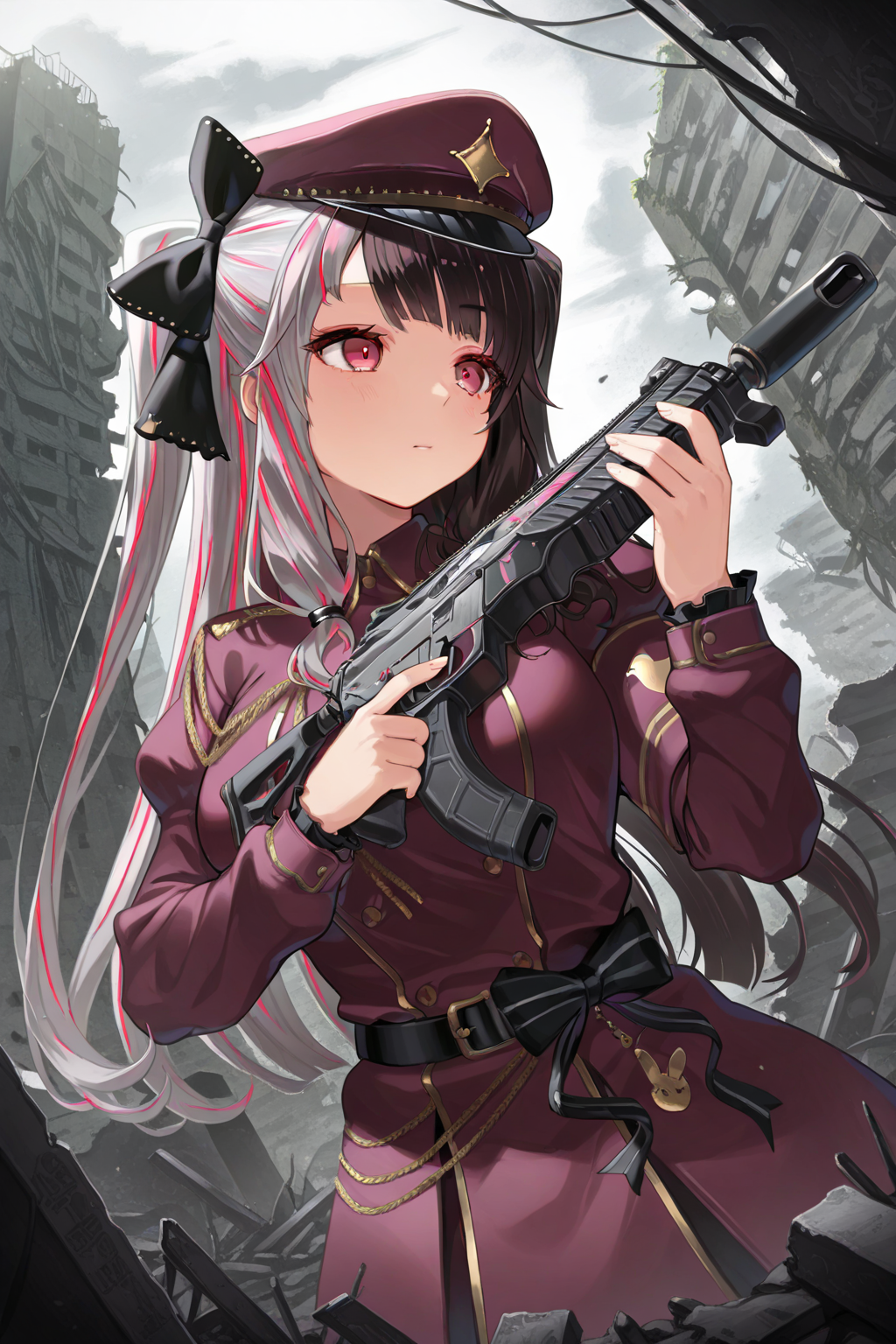 1girl, YorumiRenaNijisanji,
general, solo, perspective, dynamic angle, upper body,
long hair, twintails, eyelashes, red eyes, 
large breasts,
peaked cap, military uniform,
crouching, looking away, hand up, holding gun, assault rifle,
ruins, wall,
<lora:kp_YorumiRenaNijisanji2ndCostumeIllustrious_v1_0:1.0>,
masterpiece, best quality, amazing quality