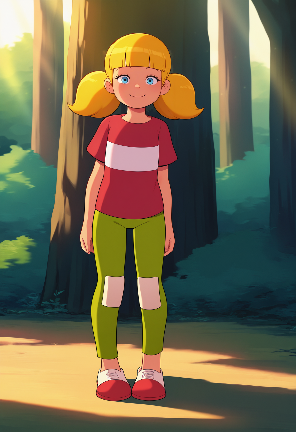 masterpiece, best quality, very aesthetic, absurdres,
1girl, penny, blonde hair, twintails, blunt bangs, blue eyes,
red shirt, white reinforced knee green pants,
smile, looking at viewer, solo, standing, outdoors, forest, sunlight, shadows, natural lighting   <lora:PennyNoobXL_byKonan:1>