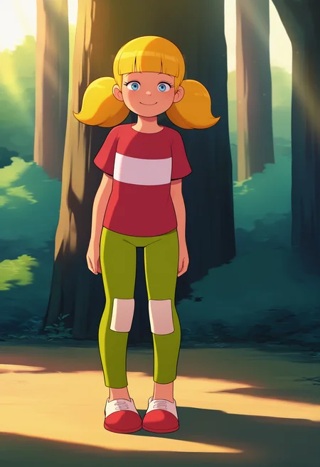 masterpiece, best quality, very aesthetic, absurdres,
1girl, penny, blonde hair, twintails, blunt bangs, blue eyes,
red shirt, white reinforced knee green pants,
smile, looking at viewer, solo, standing, outdoors, forest, sunlight, shadows, natural lighting <lora:PennyNoobXL_byKonan:1>