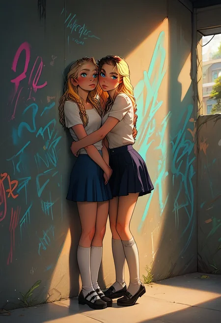 score_9, score_8_up, score_7_up, score_6_up, ), 1mg1mg , masterpiece,best quality, highly detailed, masterpiece,best quality, highly detailed, source_cartoon, uncensored, rating_explicit, casual, shiny skin, shiny highlights, emphasis lines, graffiti wall, holding school books in her arms to her chest, shoe flats, knee socks,
vinyl skirt, (leaning back against a wall with arms stretched out),
cute adult woman, long blonde hair, Top knot with braids wrapped around the base, bright blue eyes with a gentle sparkle, smooth fair skin, soft pink lips, delicate and refined facial features, wearing a casual yet stylish outfit, cheerful and warm expression, soft natural lighting, approachable and friendly vibe, youthful yet mature appearance, ((poised))
highly detailed, intricate details in hair and makeup, masterpiece, best quality, ultra highres, original, extremely detailed, perfect lighting
<lora:incase---1:0.5> <lora:S1_Dramatic_Lighting_v2:0.5> s1_dram <lora:1mg1mgXLP:0.6> <lora:GarvGirlsPony:0.7>