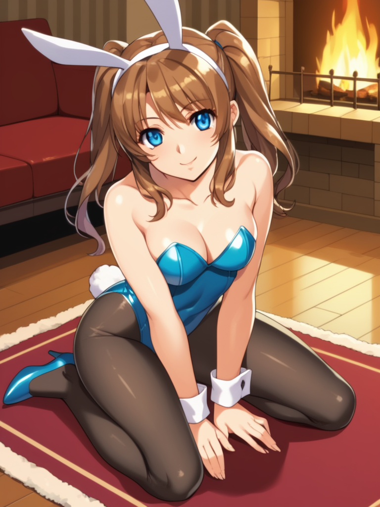 score_9, score_8_up, score_7_up, score_6_up, BREAK masterpiece, perfect face, perfect hands, high quality, source_cartoon, BREAK (1girl, solo,) <lora:Renka_Misaki_-_Akiba_Girls:1> renka, long hair, brown hair, twintails, blue eyes, playboy bunnysuit, fake rabbit ears, strapless, collarbone, indoors, living room, fireplace, fur rug, fur skin rug,