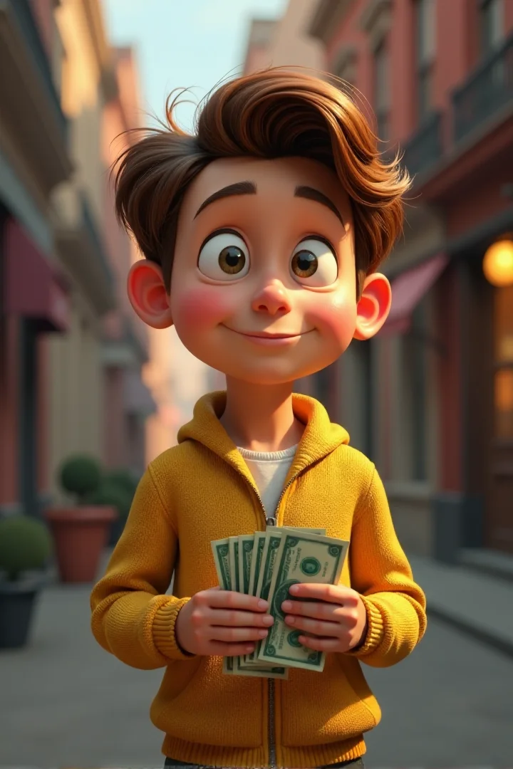 3d cartoon by pixar, Fill still, real man, brown hair, with money bills in his hand, epic scene, impressive, funny, realistic, futurama style but real film, 3d cartoon hyper realisticâââ