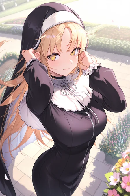 1girl, SisterClaireNijisanji,
general, solo, perspective, dynamic angle, upper body, from above,
habit, nun, full-length zipper, large breasts,
light smile, adjusting hair,
spring, garden, wind, flower,
<lora:kp_SisterClaireNijisanji1stCostumeIllustrious_v1_0:1.0>,
masterpiece, best quality, amazing quality