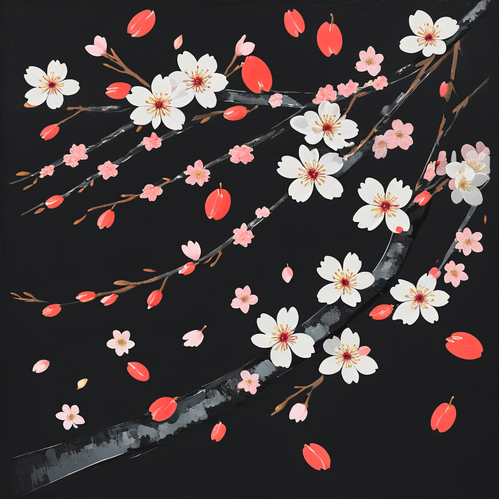 <lora:Modern_Ukiyo-e_illustrationSDXL:1>  Modern Ukiyo-e illustration, The image shows a painting of a tree with cherry blossoms in the middle of a black background. The flowers are in full bloom with delicate petals and vibrant colors creating a beautiful and eye-catching scene., flower, no humans, petals, black background, white flower, red flower, branch, water, abstract, solo