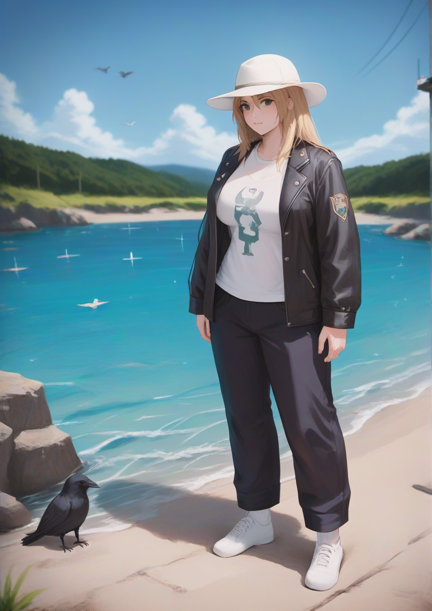 1girl, huge breast, animal, bird, crow, day, death, fish, hat, jacket, nature, outdoors, oversized animal, pants, power lines, realistic, rice paddy, scenery, shadow, shirt, socks, solo, surreal, tuna, white headwear, wide shot, <lora:Nvl:1>