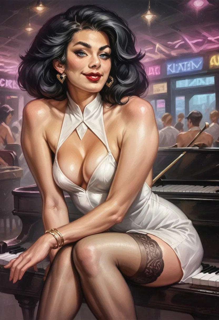 score_9_up, score_8_up, score_7_up, score_6_up, 1girl, solo, P_Patti, long black hair, red lipstick, white backless polo neck dress, stockings, (sitting at a grand piano), (in a nightclub), seductive smile, earrings, bracelet, (realistic), (painted art)