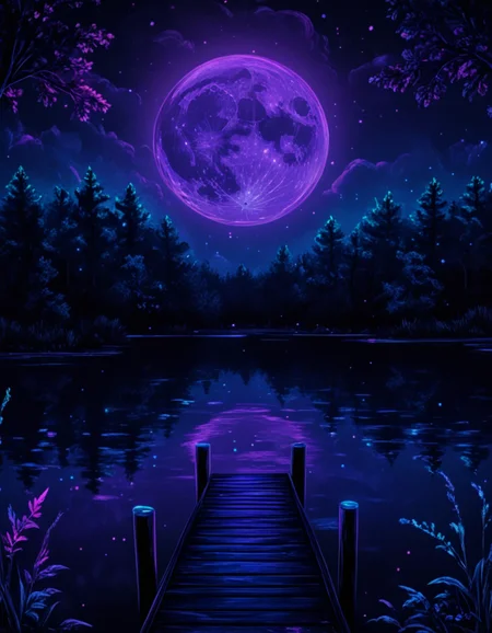 novuschroma80 style quiet dock at night with the moonlight reflecting on the water blacklight art <lora:novuschroma80 style:1>