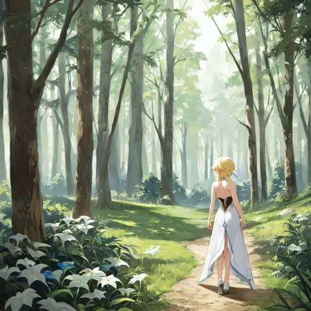 high quality, good quality, perfect quality, amazing quality, high res, masterpiece, score_9, score_8_up, score_7_up, source_anime, best quality, lumine from genshin impact, walk in the forest, 1 girl,