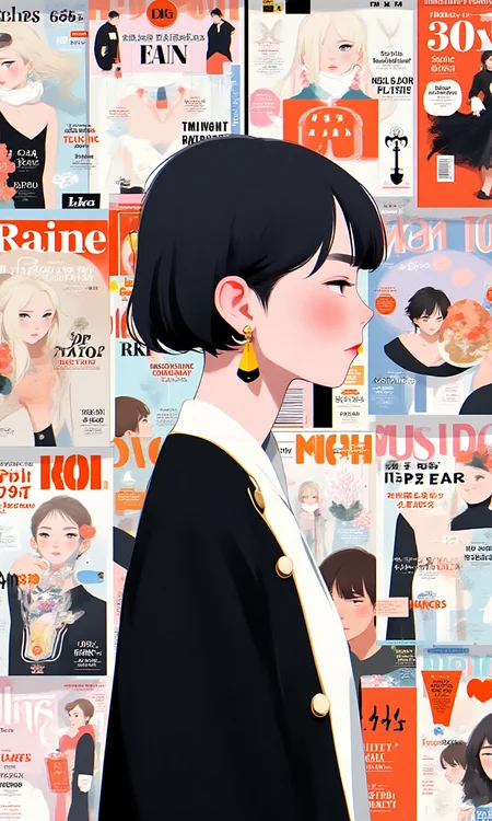 a girl with long pears earings,tanding in front of a wall covered with magazines, she stands straight up against the background of a wall full of fashion magazine