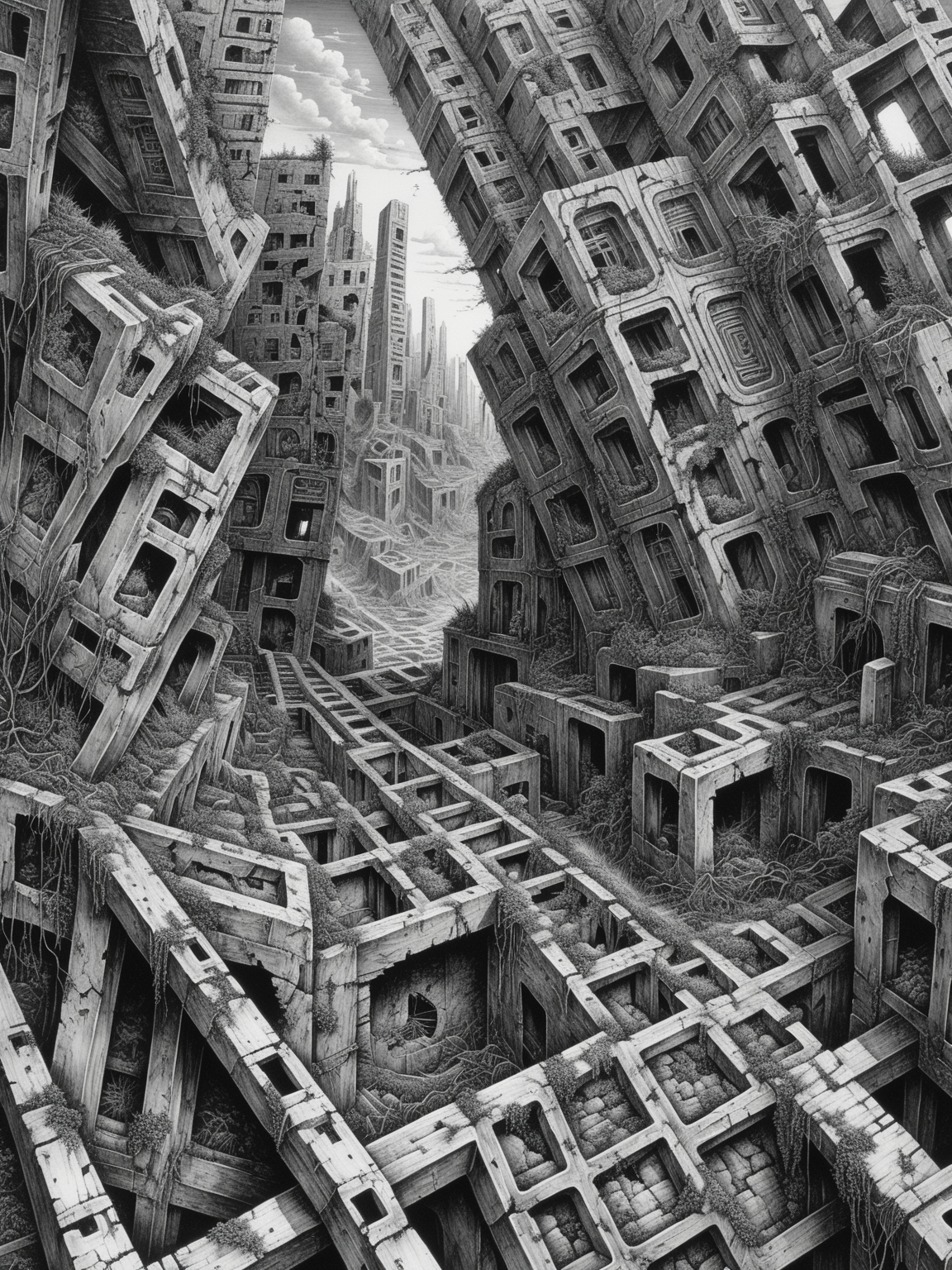 (masterpiece, best quality), derelict futuristic city, blocks of destroyed buildings, nature grows on ruins, Labyrinth, ((plain black and white)), intricate detailed linework and a gritty, realistic aesthetic, shading and cross-hatching, 
<lora:fractal-art.v1:1>