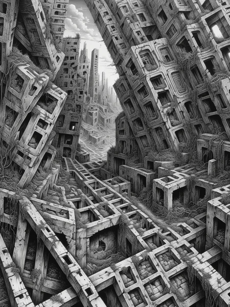 (masterpiece, best quality), derelict futuristic city, blocks of destroyed buildings, nature grows on ruins, Labyrinth, ((plain black and white)), intricate detailed linework and a gritty, realistic aesthetic, shading and cross-hatching,
<lora:fractal-art.v1:1>