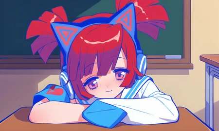 1girl, solo, standing, light smile, sleepy, half-closed eyes,  arms on table, head rest,  upper body, straight-on, pov, looking at viewer, table, classroom, day, sunlight, sitting, on chair, school chair, 
BuroJKOldStyle , oldest
BuroMD,  red fingernails, blue hair tie,
red hair, short twintails, hair between eyes,blunt ends, short hair, pink eyes,
white sailor shirt,
BuroJKOutfit,
blue cat ear headphones, blue armband,broken heart print, single long sleeve, navel, blue pleated skirt, miniskirt,
white sailor shirt, long long sleeves , blue neckerchief, underboob, sleeves past fingers, single wrist cuff,midriff,
<lora:[AnimagineXL_V3.1]BuroJK_Muse_Dash_v.1:1>, masterpiece, best quality, very aesthetic, absurdres