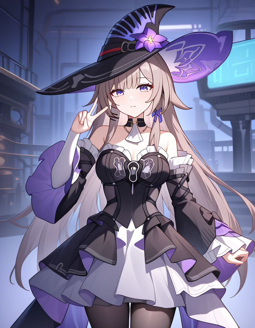 masterpiece, best quality, newest, absurdres, highres, safe,, <lora:the-herta-illustriousxl-lora-nochekaiser:1>, the herta, the herta (honkai: star rail), brown hair, long hair, purple eyes, medium breasts,, bare shoulders, black dress, black hat, detached sleeves, hat, hat flower, hat ornament, long sleeves, pantyhose, witch hat, industrial, machinery, metal, large, factory, , v, v over eyes, looking at viewer, solo,, cowboy shot, solo