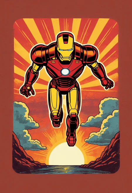 retro_tshirt, a retro ironman flying into sunset, flat,( square:1.1),  <lora:retro_tshirt:1>