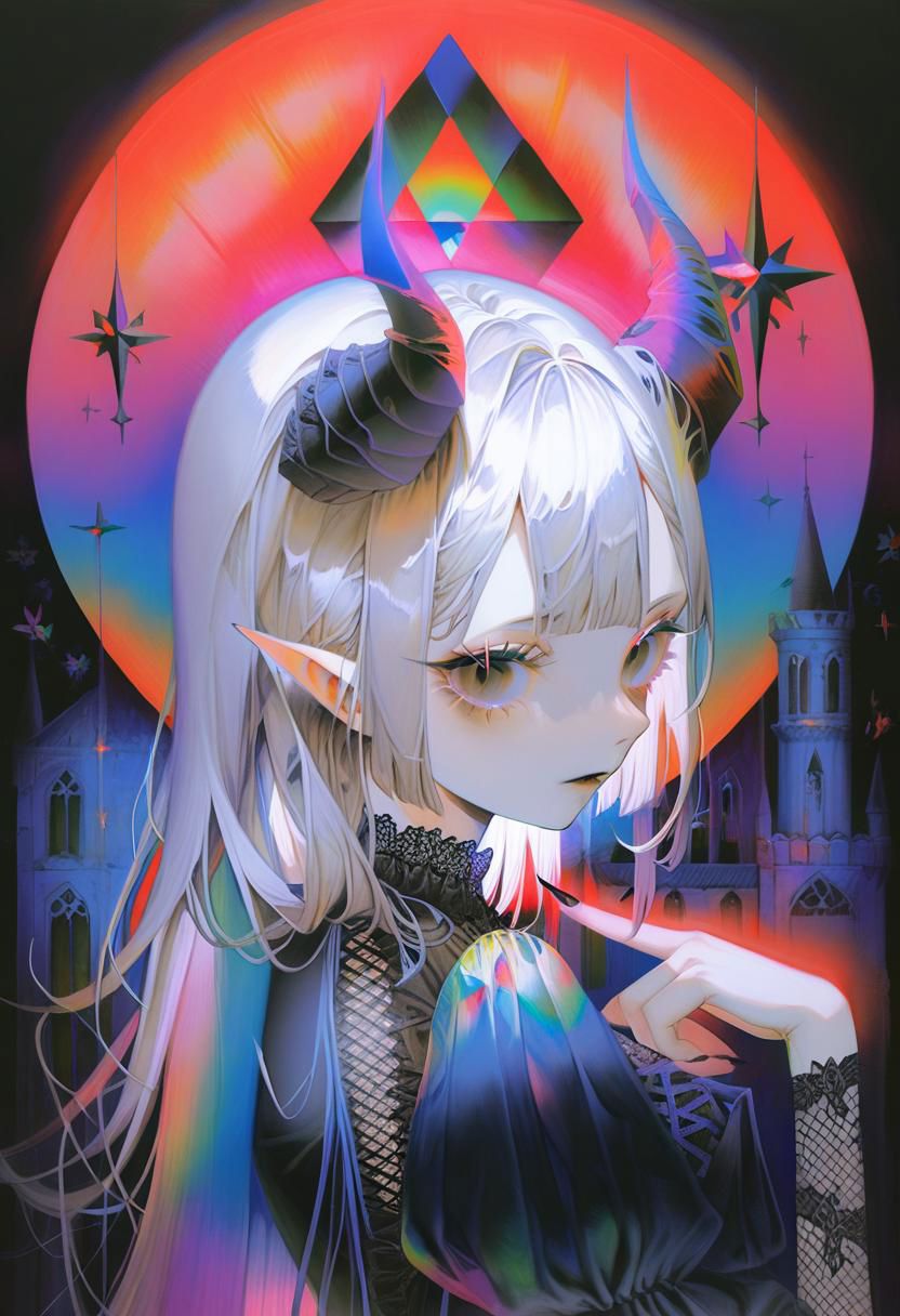 by yogisya  pale demon girl , prismatic coloring, holographic vibe, chromatic black lace blouse, gothic background, (long straight horns:1.2)