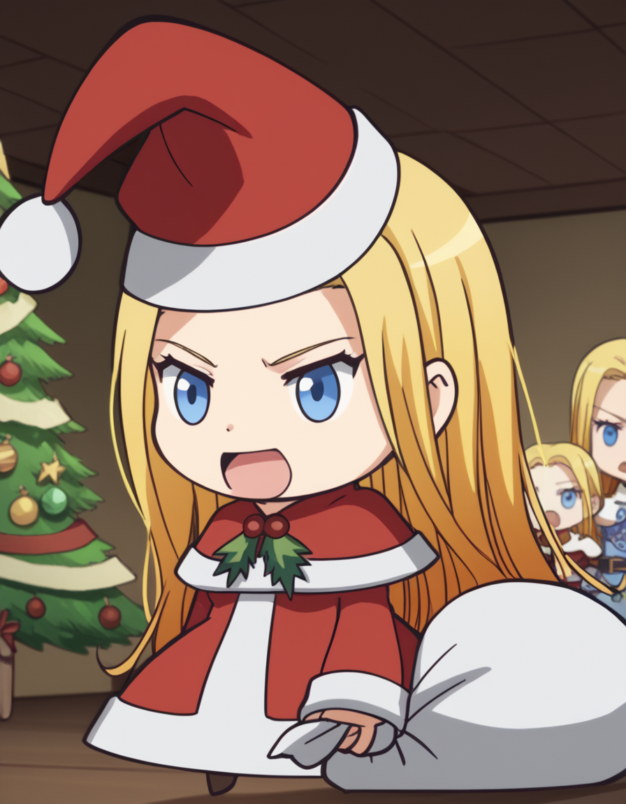 score_9, score_8_up, score_7_up, source_anime, <lora:rio-nakamura-s1s2-ponyxl-lora-nochekaiser:1>, rio nakamura, long hair, blue eyes, blonde hair, medium breasts, anime screencap,, <lora:padoru-ponyxl-lora-nochekaiser:1>, padoru, padoru (meme), holding sack, sack, santa hat, meme, christmas, open mouth, chibi, red capelet, santa dress, capelet, fur-trimmed headwear,, , dutch angle, cowboy shot
