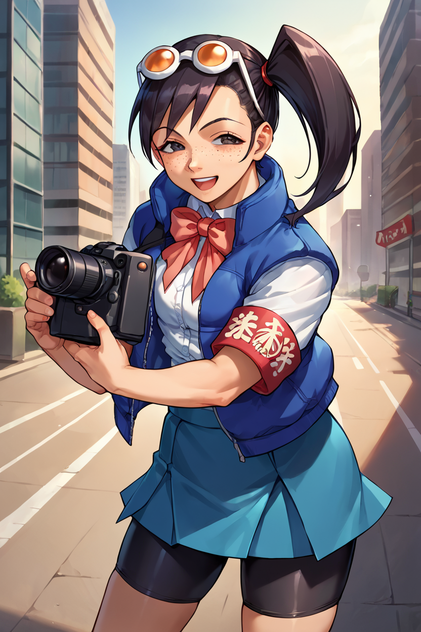 score_9, score_8_up, score_7_up, source_anime BREAK 1girl, solo, justice_ran, holding camera, blue jacket, school uniform, bowtie, blue skirt, bike shorts, armband, eyewear on head, black hair, side ponytail, freckles, looking at you, smile, open mouth, city <lora:justice_ran:1>