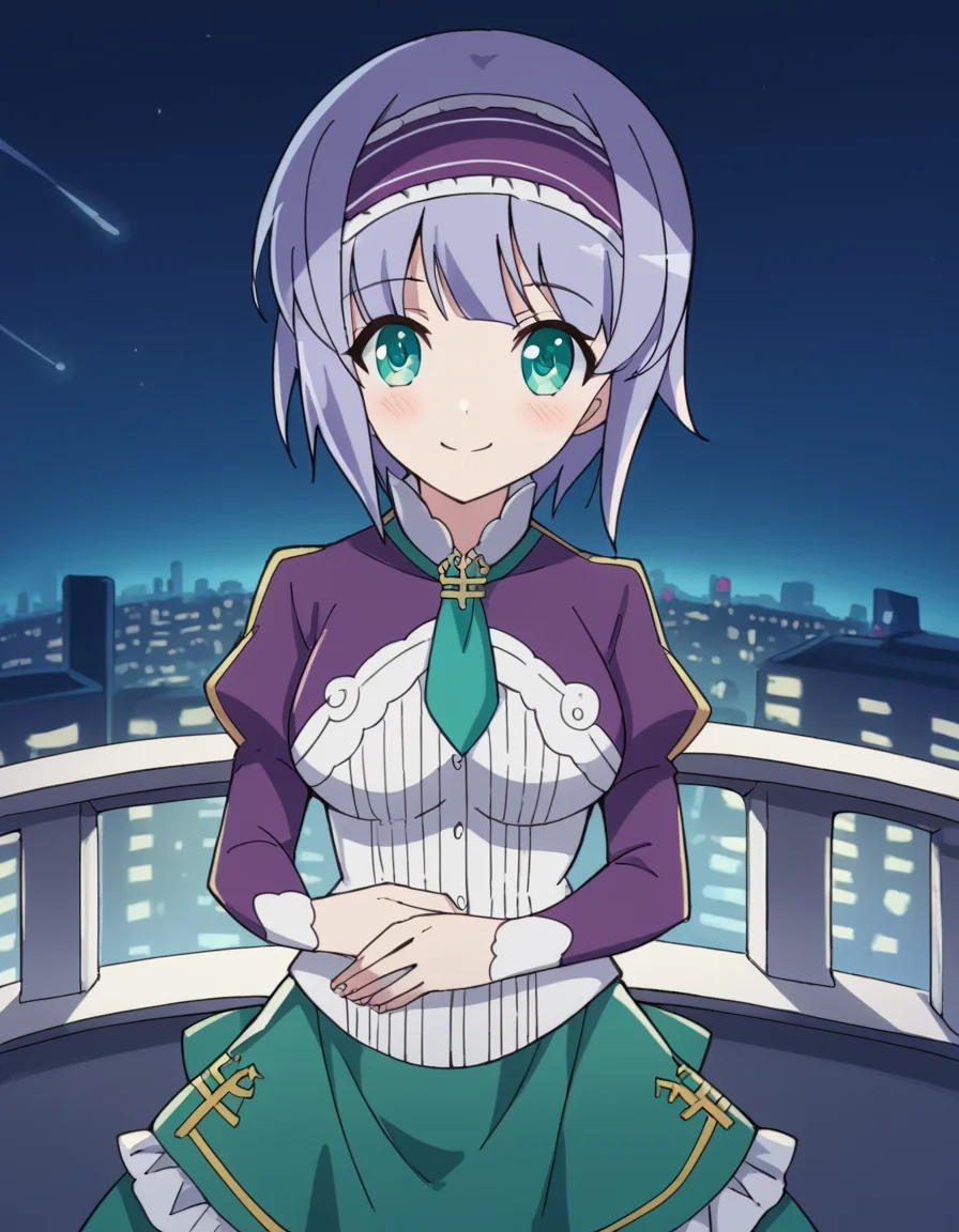 score_9, score_8_up, score_7_up, source_anime, <lora:linze-silhoueska-s2-ponyxl-lora-nochekaiser:1>, linze silhoueska, short hair, hairband, aqua eyes, purple eyes, frilled hairband, medium breasts,, skirt, thighhighs, white thighhighs, puffy sleeves, white shirt, necktie, green necktie, purple sleeves, green skirt, frilled skirt, city skyline, rooftop view, night time, city lights, quiet reflection, smile, hand on stomach, blush,, looking at viewer, solo,, dutch angle, cowboy shot
