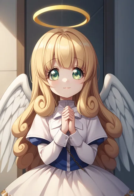 score_9, score_8_up, score_7_up, source_anime, highly detailed, 1girl, solo, cute,
poporon, 1girl, blonde hair, solo, halo, angel, wings, green eyes, long hair, angel wings,
own hands clasped, upper body, own hands together, dress,